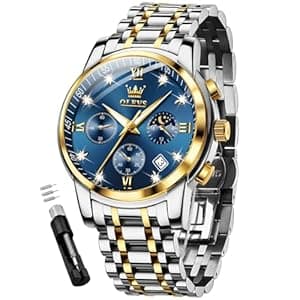 OLEVS Mens Watches Chronograph Diamond Quartz Date Calendar Moon Phase Luxury Two Tone Stainless Steel Waterproof Luminous Business Wrist Watch