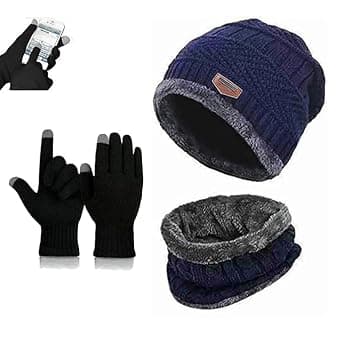 Perpetual Men's Winter Wear Set - Stylish Woolen Caps, Touchscreen Gloves, Neck Warmers, Bike Riding Gloves, Perfect Beanie Cap for Cold Weather, Pet Cap Mix Color 1 Set