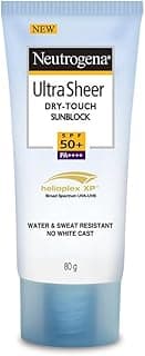 Neutrogena Ultra Sheer Sunscreen SPF 50+ | Broad Spectrum UVA/UVB | Blue light protect | No White Cast | Water resistant, Ultra light & Non sticky | Oily, Dry & Sensitive Skin | 80 g (Pack of 1)