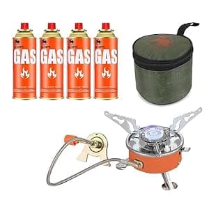 BisonBerg Portable Mini Stove with 4 Butane Gas Canister Lightweight Folding Gas atove For outdoor Cooking & Camping