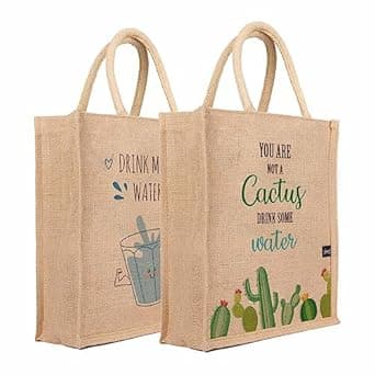 Sangra Eco-Friendly Printed Jute Hand Bag-Reusable Tiffin Shopping Grocery Multipurpose Hand Bag for Men and Women (Pack of 2)