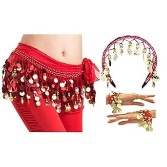 Vritraz Women's Chiffon Belly Dance Hip Scarf Waistband with Headband and Cuff Braclet, Colors Beads and Golded Coins