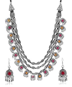 YouBella Fashion Jewellery Set for Women Antique Oxidised Silver Plated Tribal Jewellery Necklace Earring Set for Women & Girls.(Valentine Gift Special). (Multi)