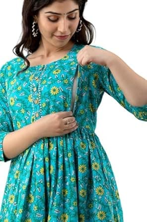 JAIPURFAME Stylish Women's Pure Cotton All Over Printed Kurti Gown, Maternity Dress, and Feeding Dress – Comfortable and Elegant Maternity Wear for Women