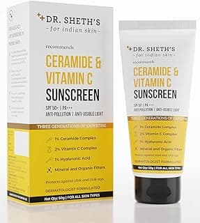 Dr. Sheth's Women & Men Ceramide & Vitamin C Sunscreen For All Skin Types Spf 50+ Pa+++|For Deep Moisturization|Non-Greasy,Quick-Absorbing|Zero White Cast|&|UVA UVB Sun Protection|50G,Pack Of 1