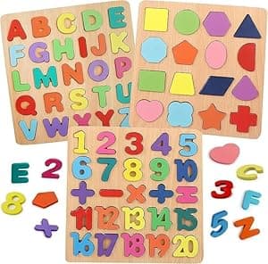 Wooden Puzzles for Toddlers, 3pack Alphabet Shape Puzzles for Kids Alphabet Puzzles for Kids Toddler Puzzles Wooden Alphabet Number Shape Puzzles for Kids 3 Years Old Boys & Girls