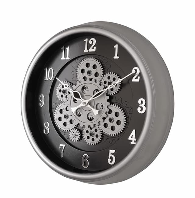 Amazon Brand - Umi Moving Gear Wall Clock for Living Room Modern Plastic Wall Clocks Industrial Steampunk Moving Gear Analog Wall Clock for Home Decor Office (32.5cm Diameter Clock) (Silver Black)