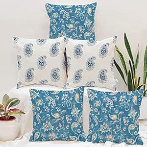 STITCHNEST Floral Decorative Blue and White Printed Poly Cotton Square Cushion Covers. (16 X 16 Inches, Set of 5)