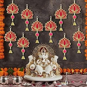 TIED RIBBONS Pack of 10 Wall Door Hanging Lotus Latkan Toran with Bells (22.8 cm x 9.6 cm) - Main Door Entrance Pooja Room Temple Wedding Festival Decor - Diwali Decoration Items for Home Decor