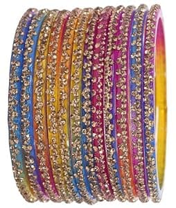 LAVAZZA Designer Glass Bangles Set with Diamond Stone For Women & Girls | Stylish Glass Bangles | Fancy Chudi Set | Traditional Women's Bangles | Fashion Jewellery- Set of 12