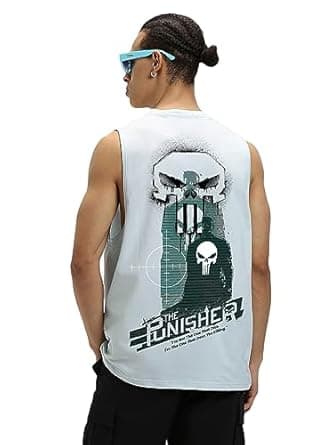 Bewakoof Official Marvel Merchandise Men's Graphic Printed Oversized Fit Sleeveless Round Neck Cotton Jersey Vest